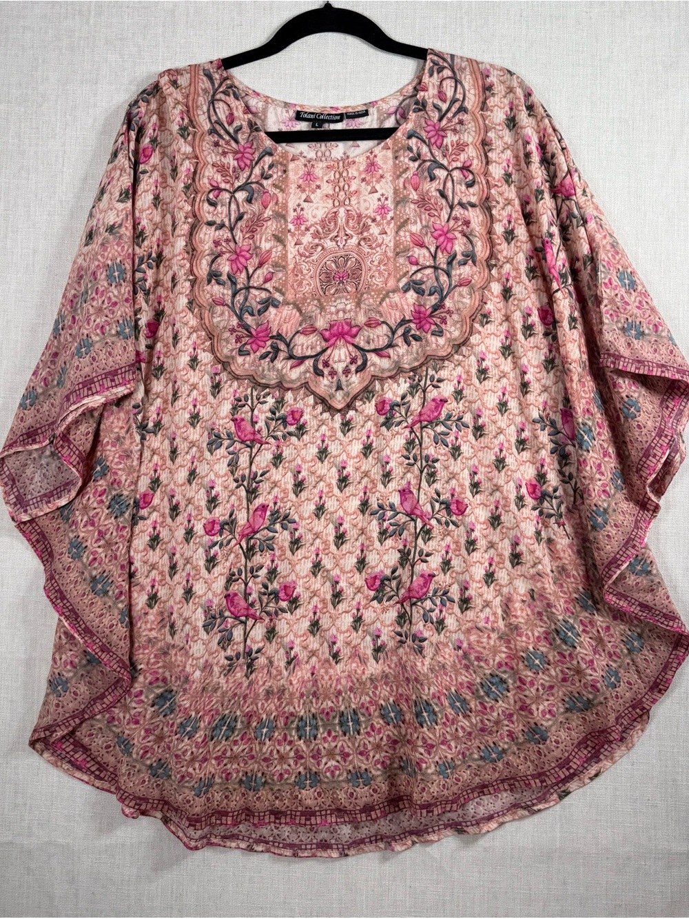 Tolani Pink Floral Narissa bird caftan Boho Tunic blouse top